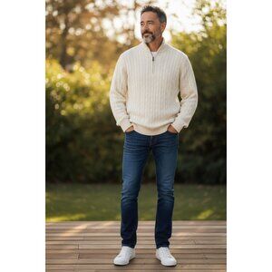 T.Harris London Cable Knit  Cardigan Sweater Mens Large Yellow Preppy Classic